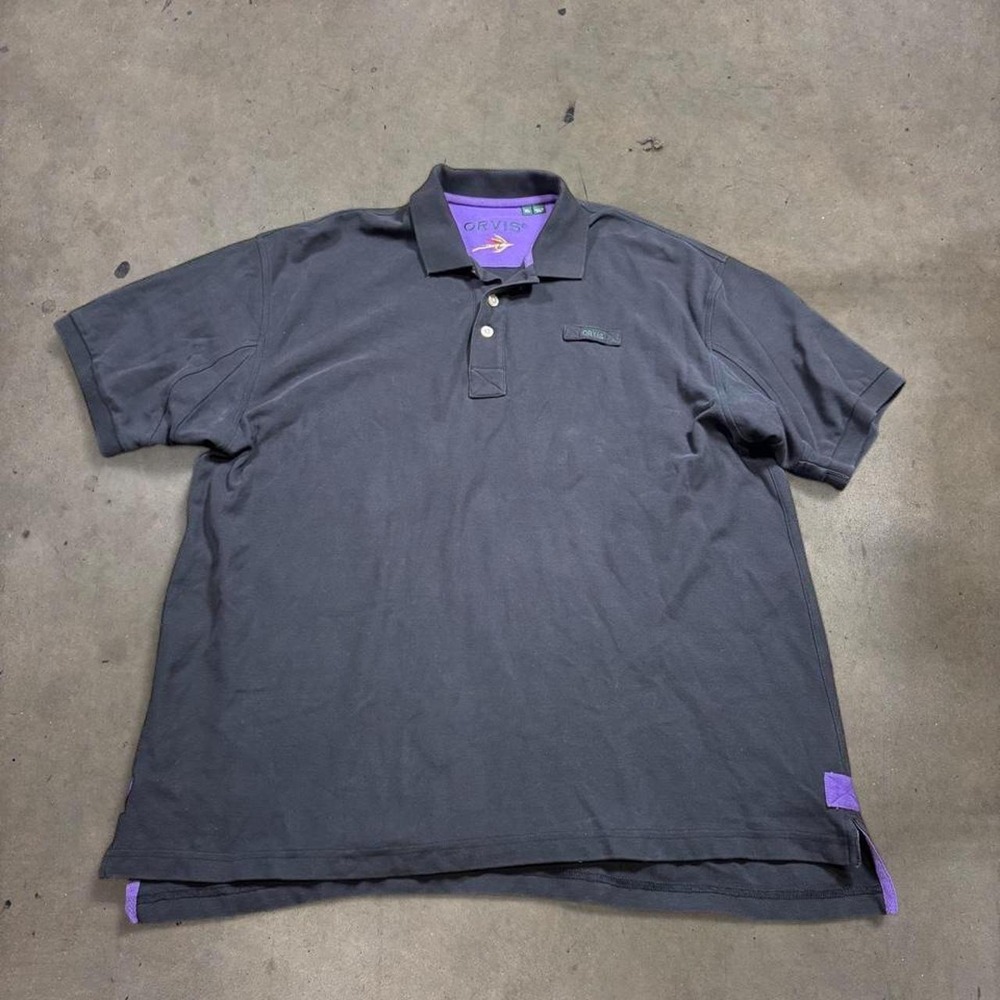 Orvis Mens XL Black Rugby Polo Short Sleeve Shirt Purple Trim Pique Cotton